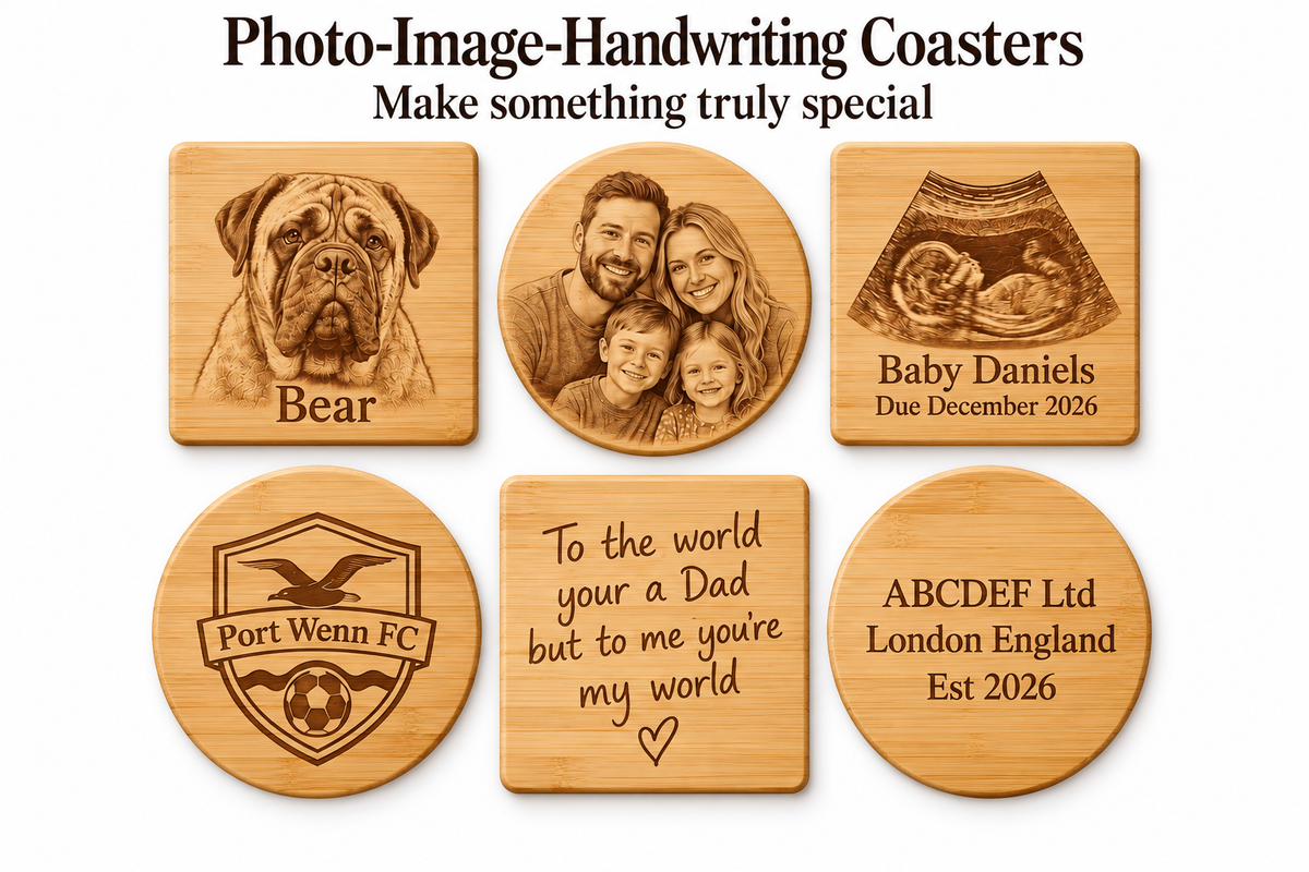 Personalised Photo, Image, Handwriting. Wood coaters